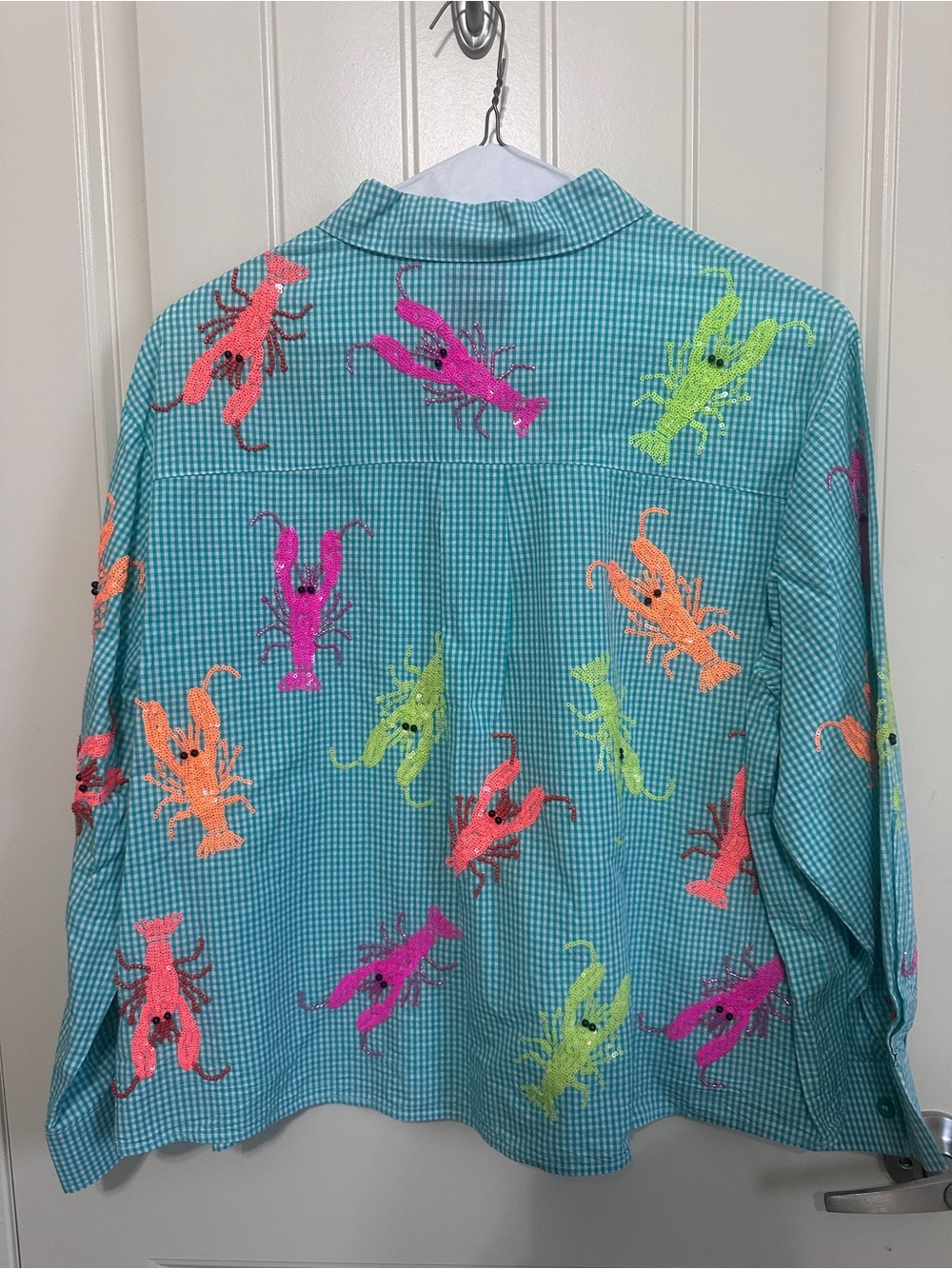 QUEEN OF SPARKLES Teal Gingham Button-Down Shirt with Neon Lobster Print - Picture 2 of 2